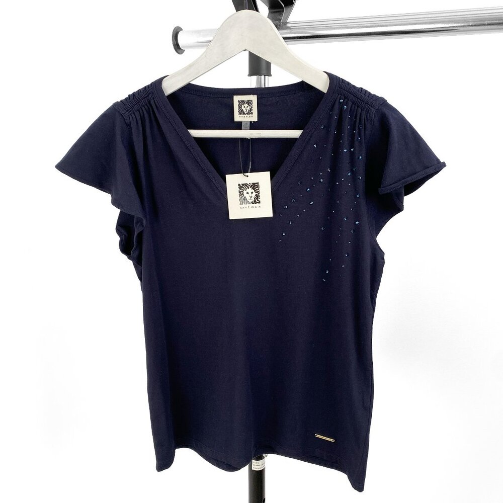 Anne Klein Women's Blue Solid V-Shape Short Sleeve Tee - Small/Medium